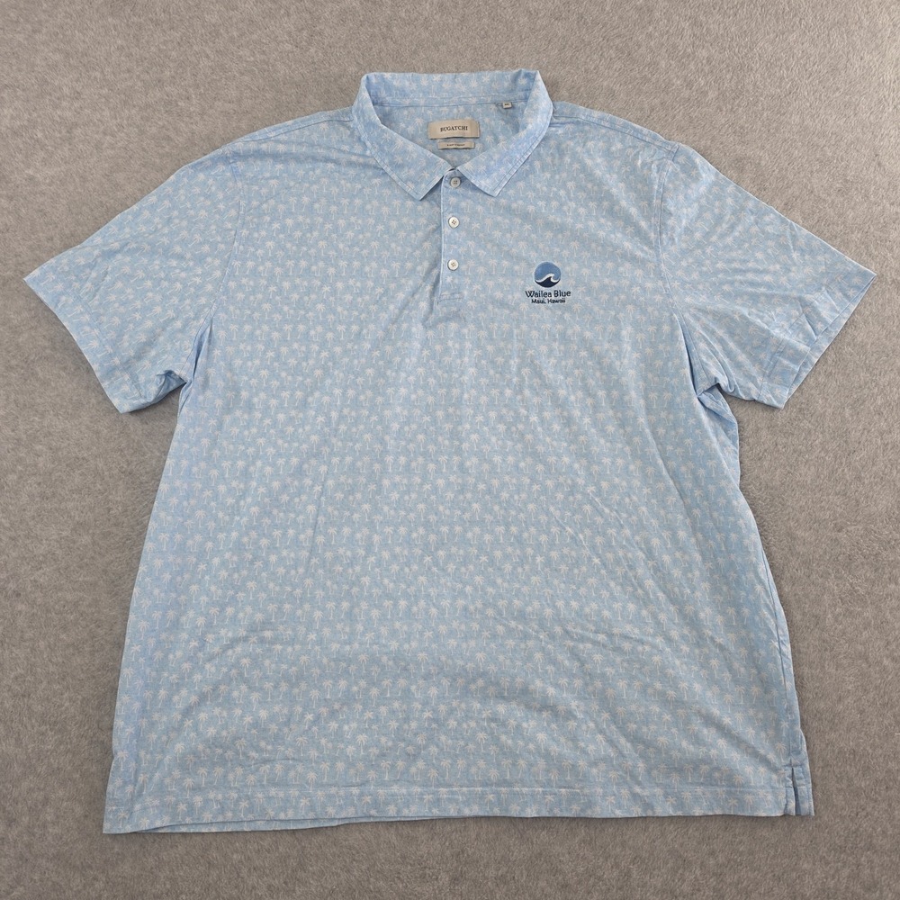 Bugatchi Polo Shirt Wailea Blue Golf Mens 3XL Palm Tree Print 8 Way Stretch RARE